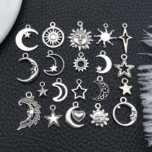 WOCRAFT 60pcs Antique Silver Sun Moon Star Bracelet Charms for Jewelry Making Sets DIY Necklace Bracelet Keychain Crafting Charms Kit Craft Supplies (SN833) - color: Antique Silver, size: Sun Moon Star Charms