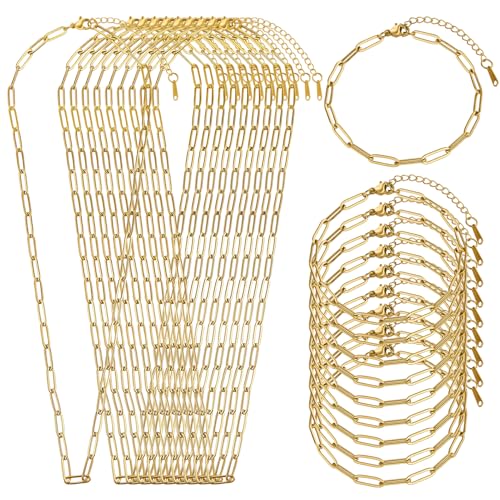 SMYHTGLIF 20 Pack Paperclip Chain Bulk Necklace Bracelet for Jewelry Making 4mm Gold Plated Stainless Steel Necklace Bracelet for Women - color: Gold