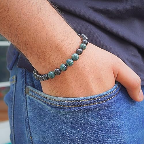 Black Obisidian Bracelets for Men 8" Inch Full Stretch Healing Crystal Bracelet, Beaded Charm Bracelet for Men Gifts Fathers Day Anniversary Birthday Gifts for Him - color: Black Obsidian & Jasper Bracelets