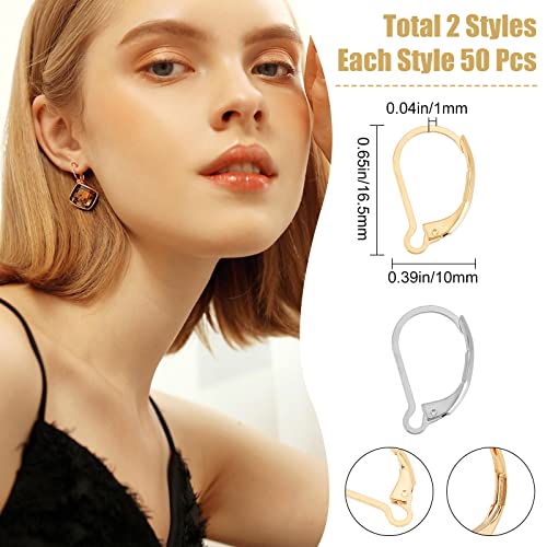 Beebeecraft 100Pcs Real 24K Gold Plated Leverback Earwires French Earring Hooks Gold and Stainless Steel Color 16.5x10mm Interchangeable Dangle Ear Wire Findings Stainless Steel for Jewelry Making - color: 100Pcs 24K Gold Plated Stainless Steel #1