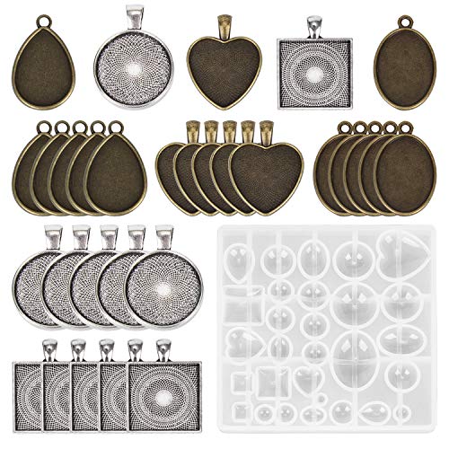 HOMEIDOL Resin Jewelry Molds Pendant Trays Making Kit with 30pcs 5 Styles Metal Pendants and 1pc Silicone Epoxy Casting Mold for Pendant Crafting DIY Gifts - color: 30Pcs Metal Pendant+1 Pc Silicone Casting Molds