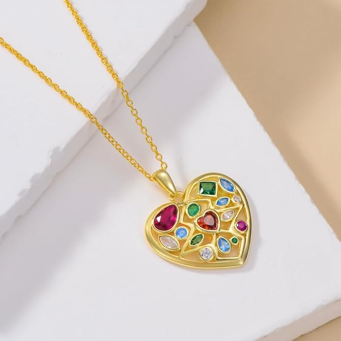 Gemstone Necklaces for Women 14K Yellow Gold Plated Silver Colorful Pendant Necklace Multicolor Cubic Zirconia Heart Pearshaped Jewelry for Mother Wife Daughter