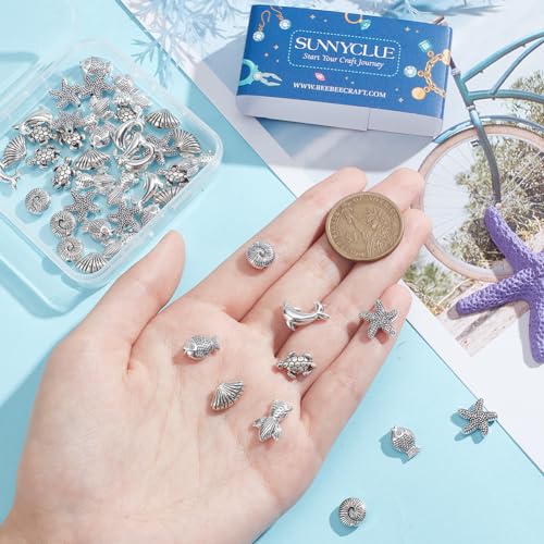 SUNNYCLUE 70PCS 7 Styles Silver Sea Beads Marine Beads Sea Ocean Animal Summer Hawaii Turtle Fish Shell Animals Alloy Metal Loose Spacers for Jewelry Making Beading Kit Bracelets Supplies