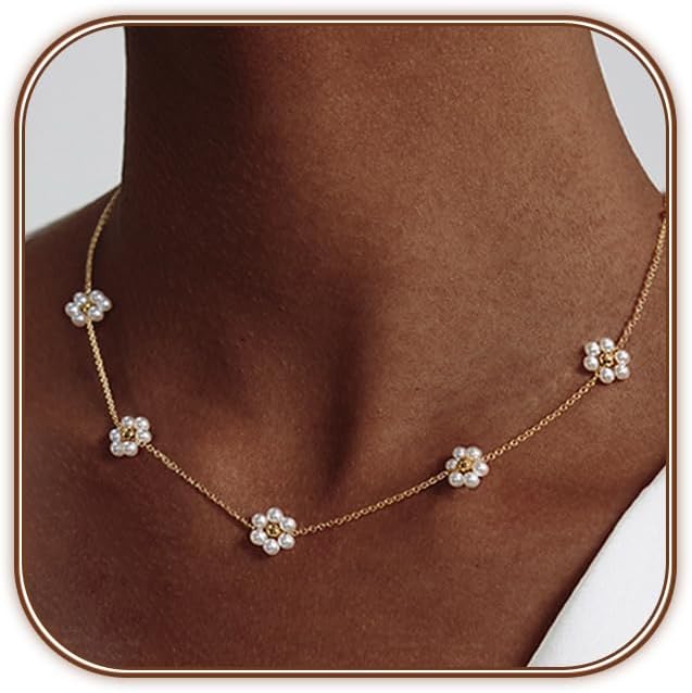 OGD Gold Pearl Necklaces Set for Women 14K Gold Plated Dainty Layered Pearl Cute Daisy Pearl Choker Gold Necklace Gifts for Women Gold Trendy Jewelry Gifts