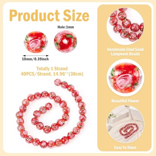 Cheriswelry 40Pcs/Strand Flower Lampwork Beads 10mm Round Glass Loose Spacer Beads Gold Sand Handmade Craft Bead for Rosary Jewelry Crafts DIY Bracelet Necklace Earring (Red) - color: Red