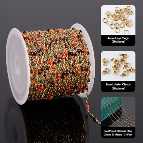 UMAOKANG 10 Meters Black Orange Enamel Bead Chain for Jewelry Making Gold Plated Stainless Steel Necklace Bracelet DIY Chains - color: Blak Orange-Gold