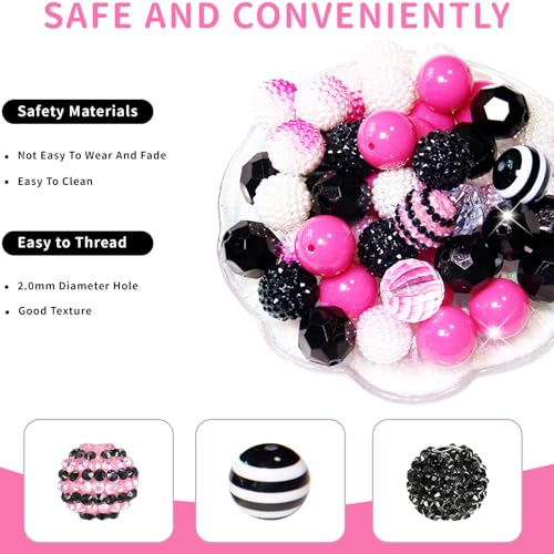 Exway 48 Pcs 20mm Black Pink Acrylic Resin Rhinestone Bubblegum Beads, Round, Large, Sparkly Craft Beads for Pen, Beadable Keychain, Bracelet, Necklace, DIY Jewelry Making Supplies - color: Black