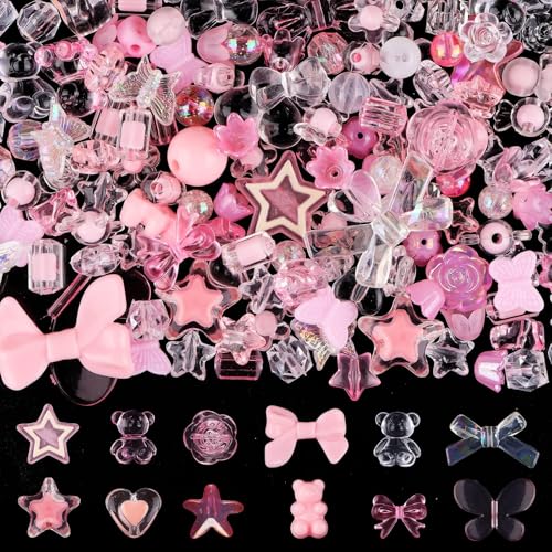 Acrylic Pastel Beads for Jewelry Making, Kalolary Colorful Bow Butterfly Flower Beads Kawaii Plastic Candy Heart Bead Cute Macaroon Aesthetic Bead for Bracelet Necklace DIY Supplies (Pink) - color: Pink