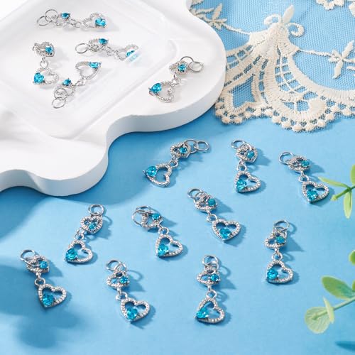 FASHEWELRY 15Pcs Alloy Crystal Rhinestone Heart Charms, Blue Love Heart Glass Dangle Charms Platinum Hollow Pendants for DIY Valentine's Day Necklace Earring Jewelry Making Craft - color: Heart-Blue