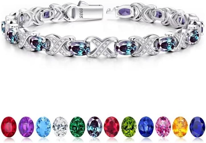 Iefil Valentines Day Gifts for Her, Oval Birthstone Tennis Bracelets for Women Wife Unique X O Design Fine Jewelry Anniversary Birthday Gift 925 Sterling Silver Birthstone Jewelry for Mom Girlfriend