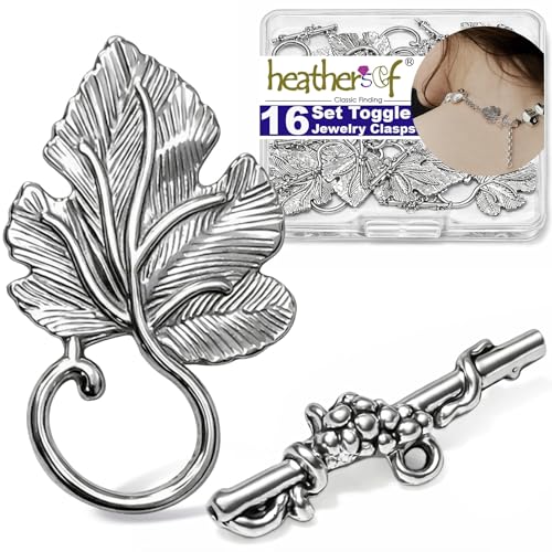 Heather's CF Toggle Jewelry Clasps – Durable Quality, Antique Grape Leaves Silver Finish Toggle Clasps & Closures for Necklace, Bracelet & Charms – Ideal for DIY, & Jewelry Making – Large (Set of 16) - color: Large silver toggle clasp