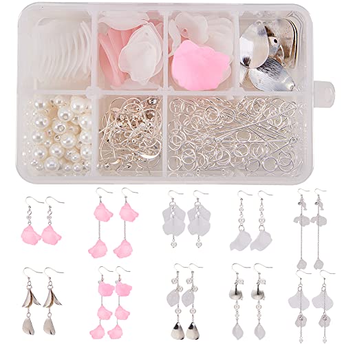 SUNNYCLUE 1 Box 10 Pairs Frosted Acrylic Calla Lily Flower Dangle Earring Making Kits Pink White Acrylic Flower Beads Caps Pendants, Pearl Bead, Earring Hook Jewelry Findings Supplies, Instruction - color: Diy 10 Pairs Pink White Flower Earrings