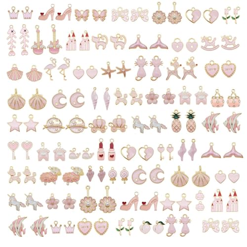 JJG Wholesales 80pcs(40PAIRS) Assorted Gold Tone PINK Theme Enamel Dainty Dangle Pendants Charms for Earrings Jewelry Making Necklace Bracelet Craft Findings - color: PINK