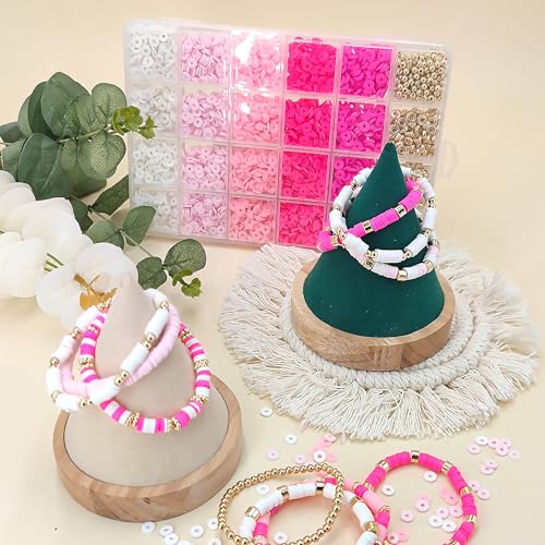 MIIIM Pink Clay Bead Bracelet Kit, Heishi Beads, Flat Clay Beads and Gold Spacer Beads for Jewelry Making, Friendship Bracelet Beads Kit for Crafts, Concert, Raves, Gifts - color: Pink