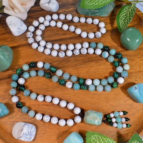 108 Mala Beads Genuine Semi-Precious Gemstone Hand Knotted 8MM Prayer Beads Long Multicolor Necklace 40 Inches - style: peace
