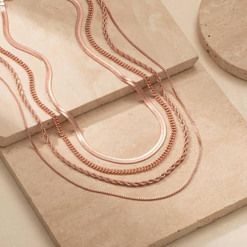 Tewiky Layered Necklaces for Women Non Tarnish- Chunky 14k Gold Plated Herringbone/Snake/Rope/Box/Cuban Link Chain for Women Waterproof Layering Stack Choker Necklace Trendy Dainty Tarnish Free Jewelry Set - color: 4 layered necklace-Rose Gold