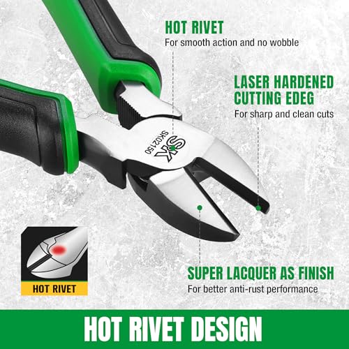 SK 6-Inch Diagonal Pliers, High Leverage Side Cutters, High Carbon Steel, Ergonomic Anti-slip Handle for Comfortable Grip - style: 6-Inch Diagonal Pliers