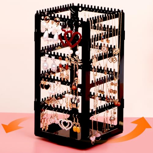 360° Rotating Jewelry Organizer Stand with 5 Layers,Acrylic Earring Holder Organizer Stand,212 Holes and 212 Grooves for Studs,Dangly Earrings,Chains,Bracelets,Necklace - color: 5-Tier,Black