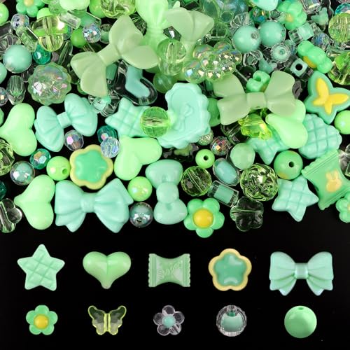 150PCS Acrylic Pastel Beads for Jewelry Making, Kalolary Colorful Bow Butterfly Flower Kawaii Plastic Candy Heart Cute Macaroon Aesthetic Beads for Bracelet Necklace DIY Supplies (Green) - color: Green