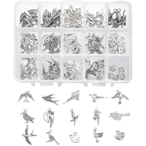 PH PandaHall 15 Style Bird Charms, 90pcs Swallow Charms Tibetan Antique Silver Animal Pendants Beads for DIY Spring Earring Necklace Bracelet Making - color: 15 Styles Bird - 90pcs
