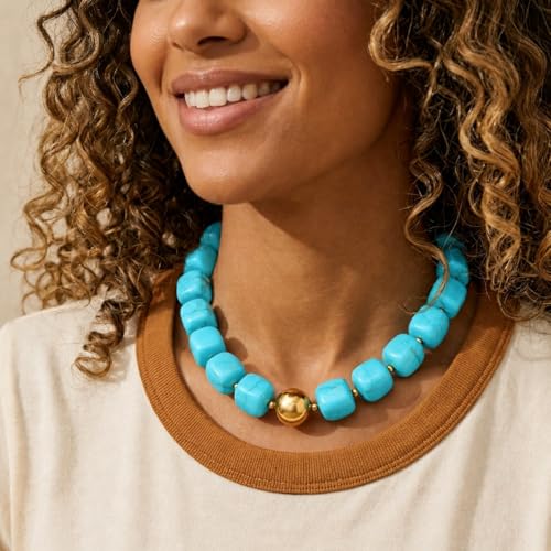 Mchic Colorful Beaded Choker Necklace for Women: Boho Large Square Acrylic Beaded Necklace Stainless Steel Adjustable Surfer Beach Strand Necklaces Summer Handmade Jewelry Gift for Women - color: Teal1