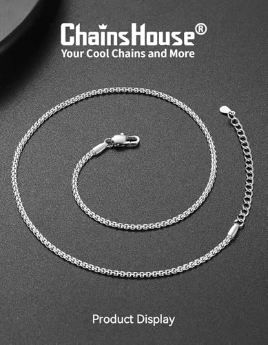 ChainsHouse Flat Box Chain Necklace Men, 2/4/6/8mm Round Link Chain Necklaces, Stainless Steel/Black/14K Gold Plated Mens Jewelry, 14"-30" Length, Come Gift Box - color: A-2mm-stainless, size: 14 Inches