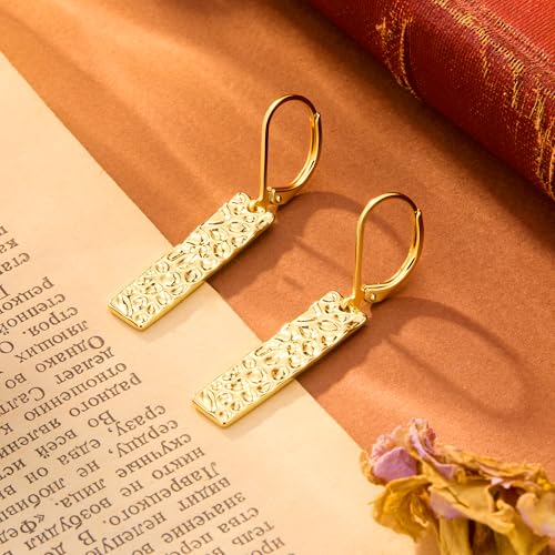 ALEXCRAFT 925 Sterling Silver Dangle Earrings for Women, 14K Gold Plated French Leverback Earrings, Hypoallergenic Lightweight Statement Hammer Square Bar Long Drop Earing for Women Trendy Jewelry - color: GoldC