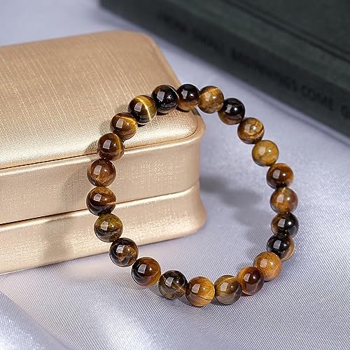 MAIBAOTA Healing Crystal Bracelet for Women Men, 8/4 mm Natural Stone Beaded Bracelets, Jewelry Birthday Gifts, Round Gemstones Stretch Bracelets - color: Brown-Tiger Eye, size: 8 mm