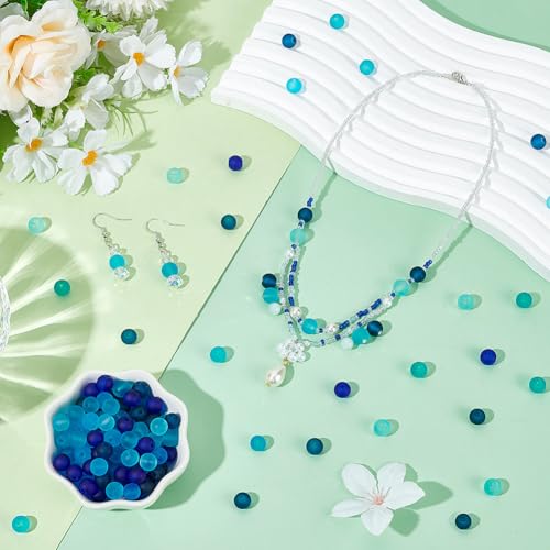 PH PandaHall 200pcs Blue Frosted Glass Beads 8mm Round Bracelet Bead 5 Colors Transparent Frosted Crystal Beads Glass Jewelry Loose Bead for Summer Beading Necklaces Bracelets Jewelry Making - color: Blue