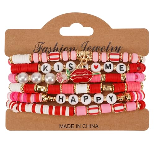 6PCS Valentine’s Day Clay Heishi Bracelet Set for Women- Red Pink Heart Love KISS XOXO Beaded Stretch Bracelets - Handmade Polymer Clay Crystal Glass Stackable Jewelry Gift for Galentine's Anniversary - color: LOVE-02