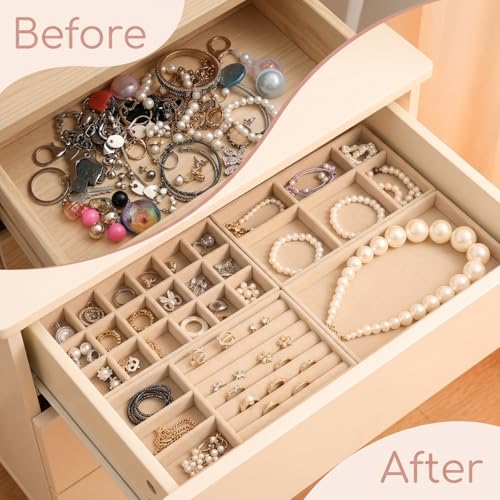 8 Pcs Jewelry Drawer Organizers, Velvet Jewelry Trays for Drawer, Stackable Jewelry Trays, Ideal for Rings, Earrings, Bracelets, Necklaces, Beige - color: Beige