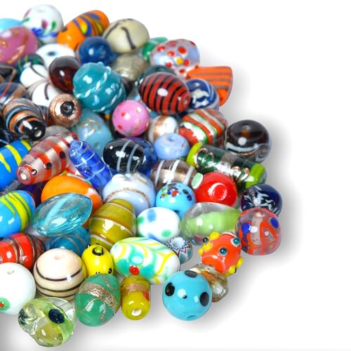 1 LB Bag of Assorted Glass Beads for Jewelry Making, Lampwork Murano Bead Mix for Bracelets and Necklaces, Crafting Beads Supplies Kit, Large & Small Beads (Assorted 200) - color: Assorted 200