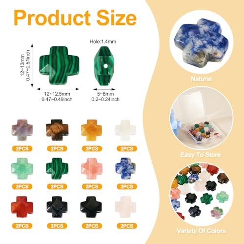 Beadthoven 24pcs Gemstone Cross Beads Small Crucifix Cross Beads Faceted Colorful Faith Crosses Healing Crystals Stone Chunky Spacers for Jewelry Making Necklace Bracelet DIY Crafts Supplies - color: Faceted Cross