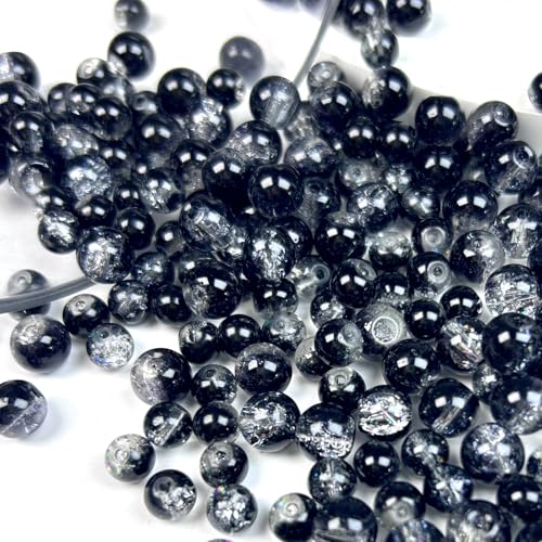 300pcs Crackle Glass Beads, 6mm and 8mm Black Crystal Glass Beads Round Loose Spacer Bulk Beads for DIY Craft Earring Necklace Bracelet Jewelry - color: Black