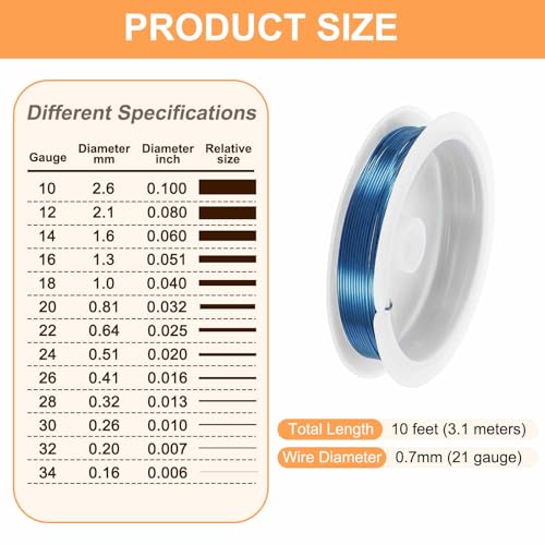 HARFINGTON 10ft Jewelry Wire, 22 Gauge (0.7mm) Brass Craft Soft Metal Tarnish Resistant Copper Beading Wire for Jewelry Making Supplies Crafting, Blue - color: Blue, size: 21 Gauge x 10ft