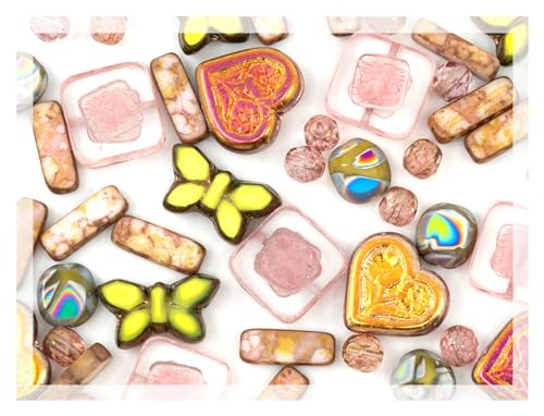 2.1oz (60g) of Focal Glass Bead Mix with Table-Cut Flower and Butterfly Beads, PG Pale Green Pink - color: Focal Pale Green pink