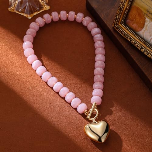 GZQ Chunky Gold Heart Necklace for Women, Resin Beaded Chain with Puff Heart Adjustable Clasp, Perfect for Daily Wear Party Date Streetwear Outfits Fashion Jewelry Gift - color: Pink