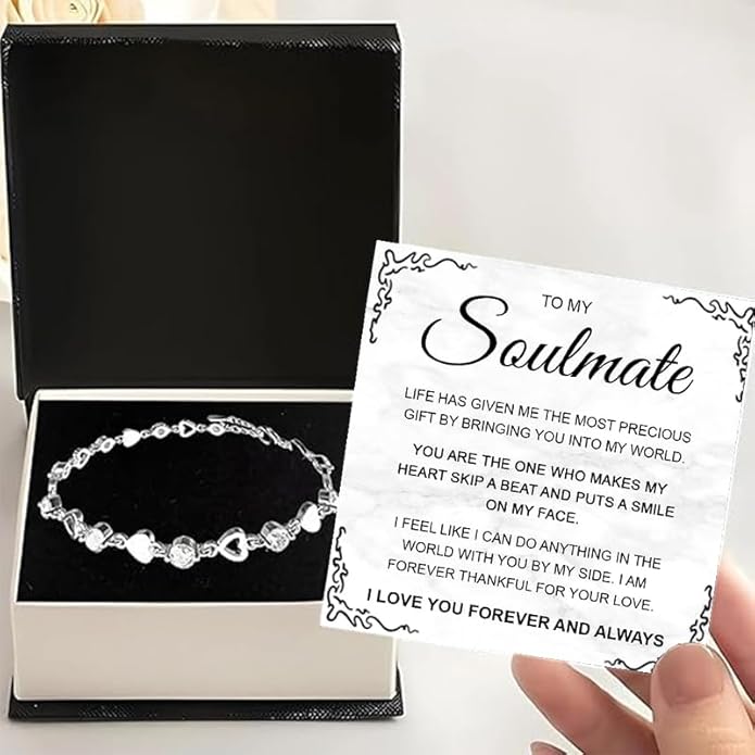 To My Soulmate Bracelet for Women, Heart Chain Bracelet with Shiny Stones, Perfect Birthday or Anniversary Christmas Gift for Soulmate with Message Card and Gift Box