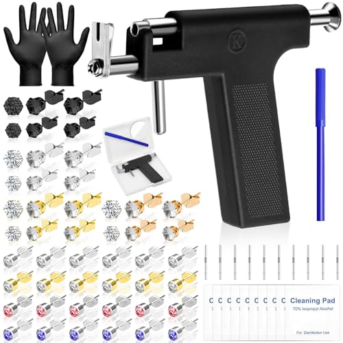 Reusable Ear Piercing Gun Kit, Professional Ear Piercing Machine with Stainless Steel Piercing Earrings Studs, Crystal Earrings for At Home Salon Earlobe Cartilage Helix Tragus Piercing Tool Set - color: Black