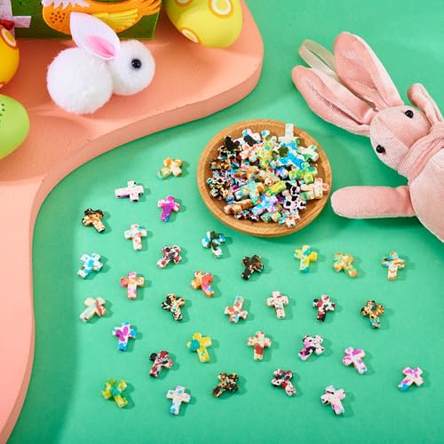 100 Pcs Turquoise Cross Beads Colorful Stone Cross Charms Synthetic Turquoise Stone Beads Easter Cross Crucifix Charms for Easter Holiday Bracelet Necklace Jewelry Making - color: Colorful-Cross