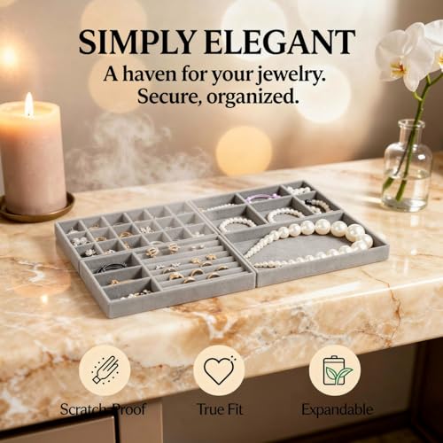 8 Pcs Jewelry Drawer Organizers, Velvet Jewelry Trays for Drawer, Stackable Jewelry Trays Ideal for Rings, Earrings, Bracelets, Necklaces, Gray - color: Gray