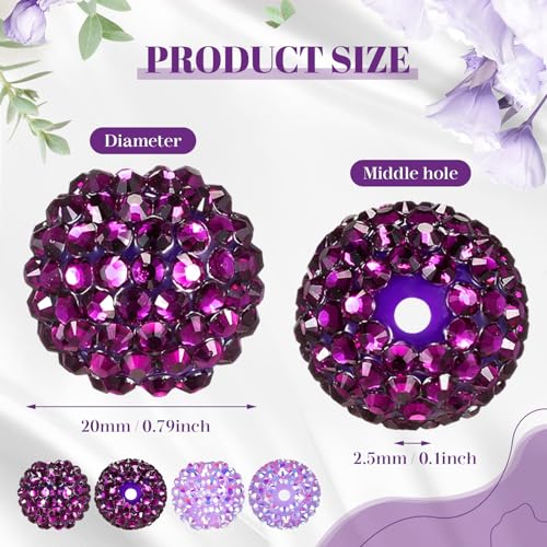 40 Pcs 20 mm Rhinestone Beads Bulk Crystal Round Disco Ball Chunky Bubblegum Beads for Pens Bracelets Charms Craft European Style Jewelry Making Supplies Christmas(Purple) - color: Purple