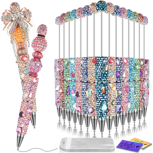 Tondiamo 45 Pcs Full Rhinestone Beadable Pens Bulk Set 15 Glitter Diamond Pens with Cards & Bags Fancy Beaded Pen for Beads DIY Cute Journalling Bling Ballpoint Craft Making(Shell Diamonds) - style: Shell Diamonds