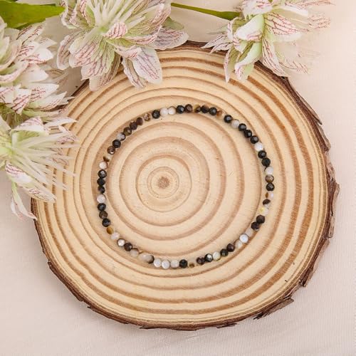 BONNY BOXX Natural Genuine Gemstone Faceted Round Beads Bracelets, 3mm Adjustable Stretchy Tiny Faceted Black Tourmaline Bracelet, Healing Crystal Reiki Chakra Dainty Jewelry Fashion Gifts - color: Black Shell