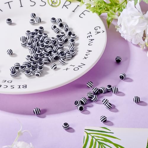 Cheriswelry 100pcs Round Black White Striped Acrylic Beads 6x5mm Chunky Ball Zebra Lined Striped Bubblegum Gumball Bead Spacers for DIY Jewelry Making Supplies Women Girl - color: Round-Black White, size: 6mm