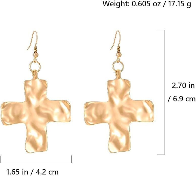 Chunky Gold Big Hammered Cross Drop Dangle Earrings for Women Trendy, Bold Thick Large Silver Cross Hook Earrings Dainty Vintage Faith Chain Jewelry