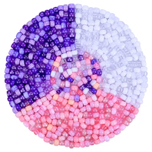 Plastic Pony Beads for Jewelry Making, 1200 Pieces, Multi-Color, 0.35 x 0.22 inch, DIY Craft Beads for Bracelets and Hair Braids (Purple+White+Pink) - color: Purple+white+pink