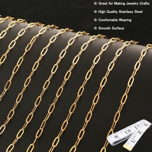 16Ft Stainless Steel Paperclip Chain for Jewelry Making, 3.5mm Width Gold Plated Paper Clip Link Chains Roll for DIY Necklace Bracelet Jewelry Making Supplies with Lobster Clasps Soft Tape Measure - color: Paperclip 3.5mm Gold