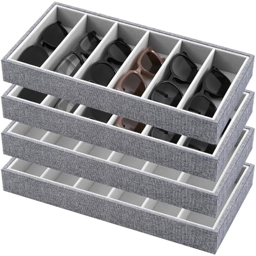 Juexica 4 Pcs Velvet Sunglasses Organizer Tray 6 Grid Sunglass Organizer Velvet Tray Stackable Glasses Display Case for Women Glasses Jewelry Display Watch (Gray) - color: Gray