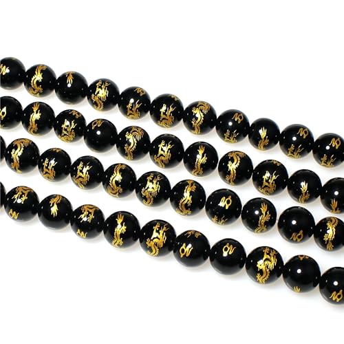 MJDCB Natural Stone Beads 6mm 60pcs Round Black Onyx Carved Dragon Loose Gemstone Bead Charms for Jewelry Making Bracelet Necklace Earring Pendant - color: Black Onyx Carved Dragon, size: 6mm